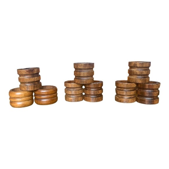 Vintage Set of 9 Hand-Carved Wooden NAPKIN RINGS Made in India